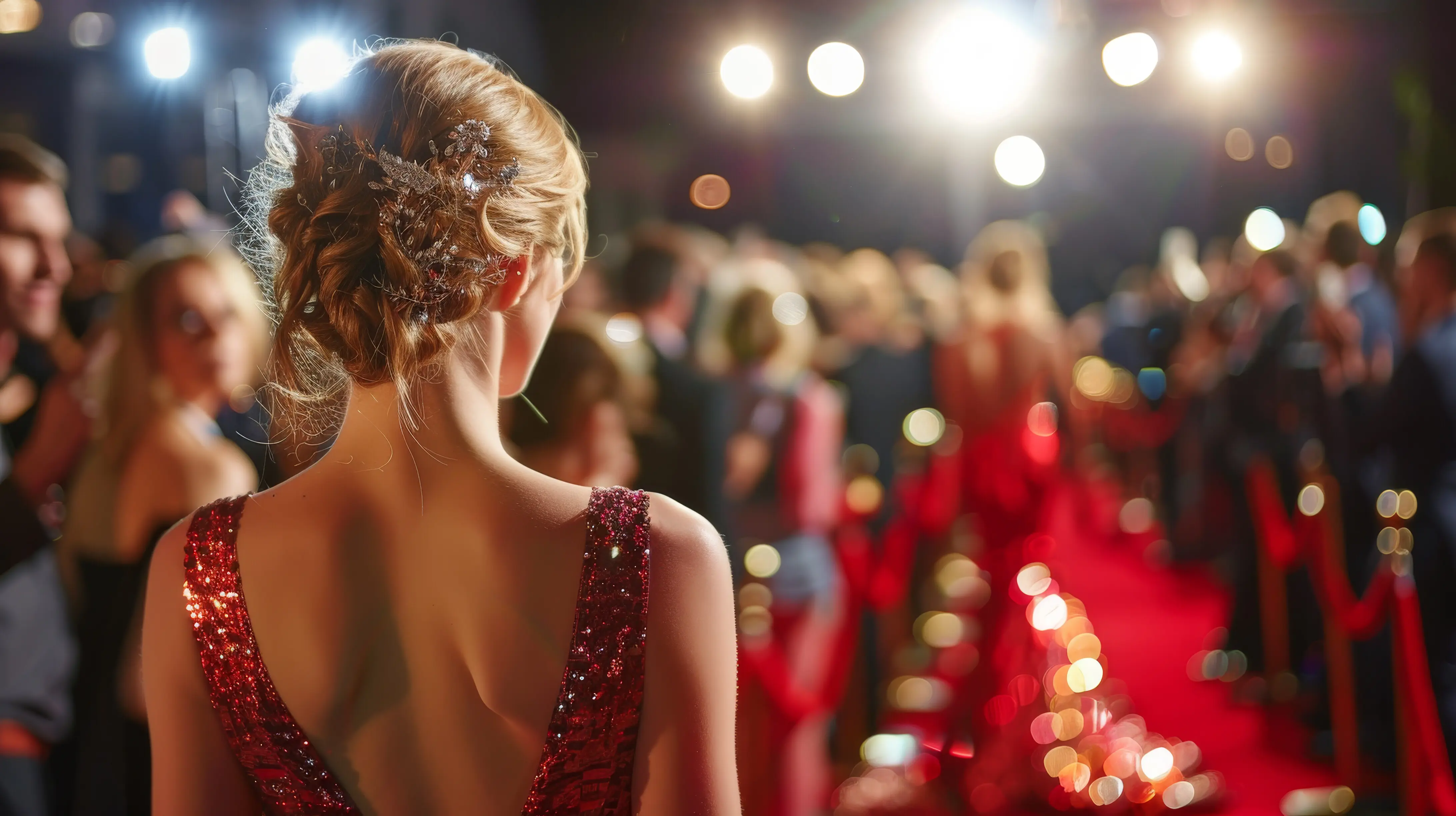 A woman wearing a red dress is walking down a red carpet.