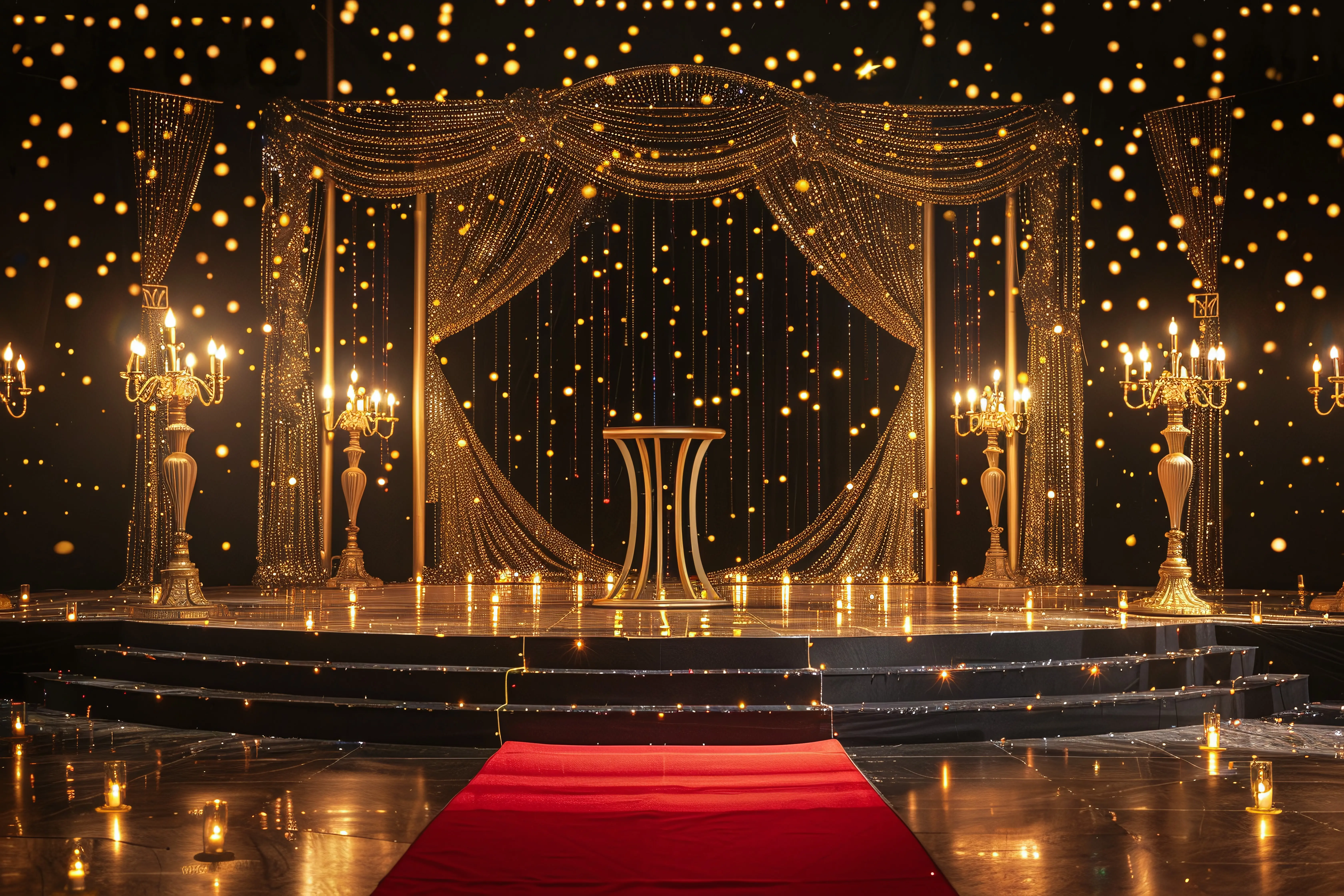 A stage with a red carpet and a podium on a podium on a podium that says 