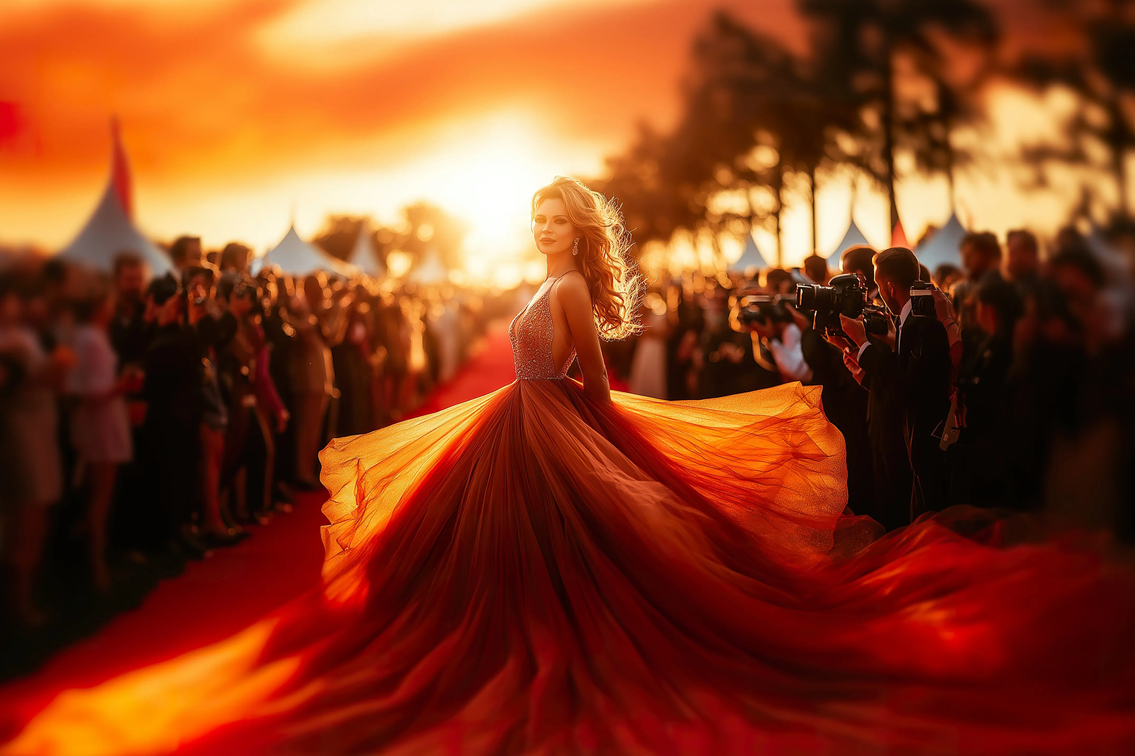 At sunset on the outdoor red carpet, a glamorous figure in a flowing gown stuns, surrounded by photo.