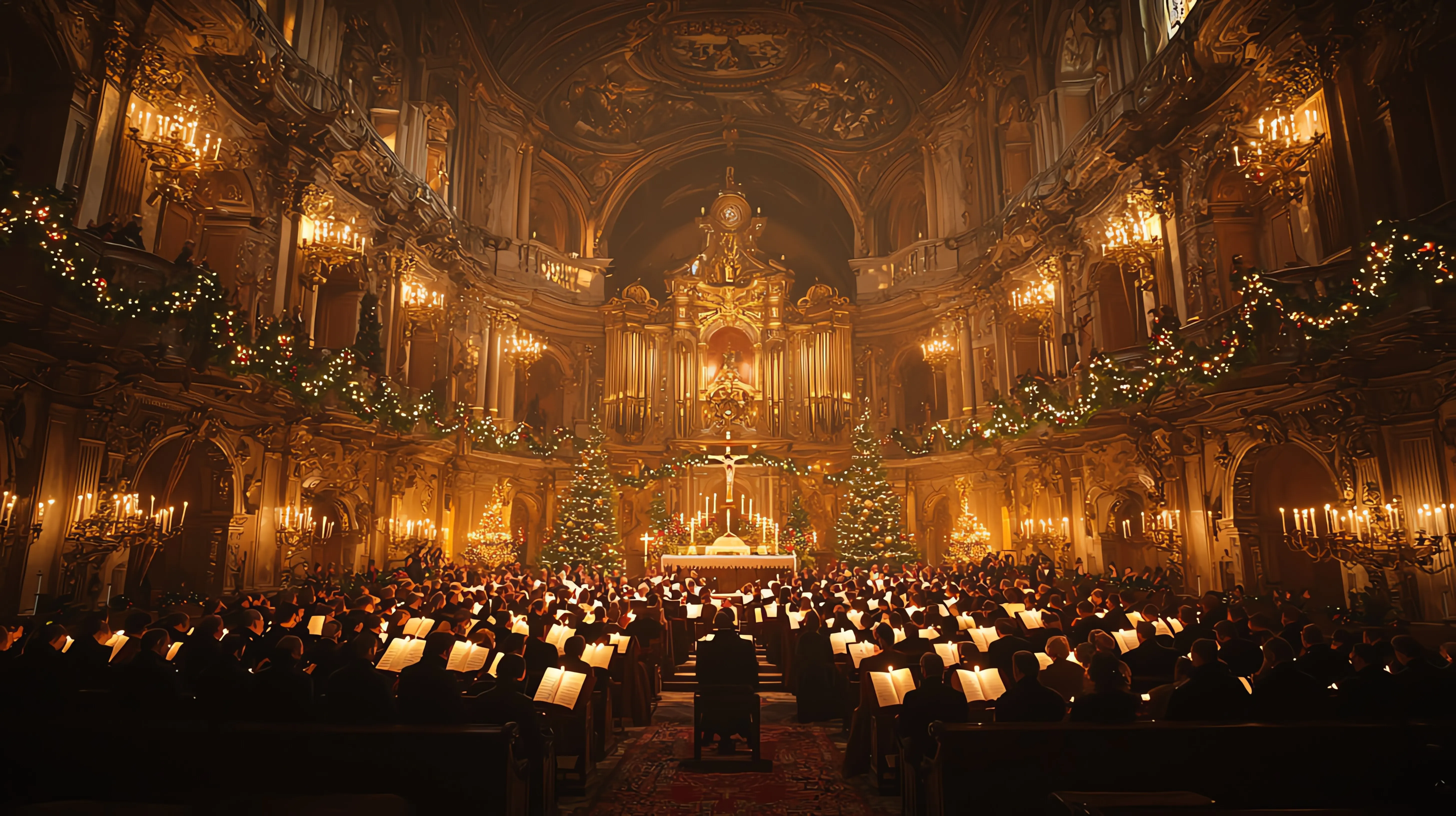 Victorian carolers sing beneath a glowing lantern in a snowy Christmas village on a festive night.