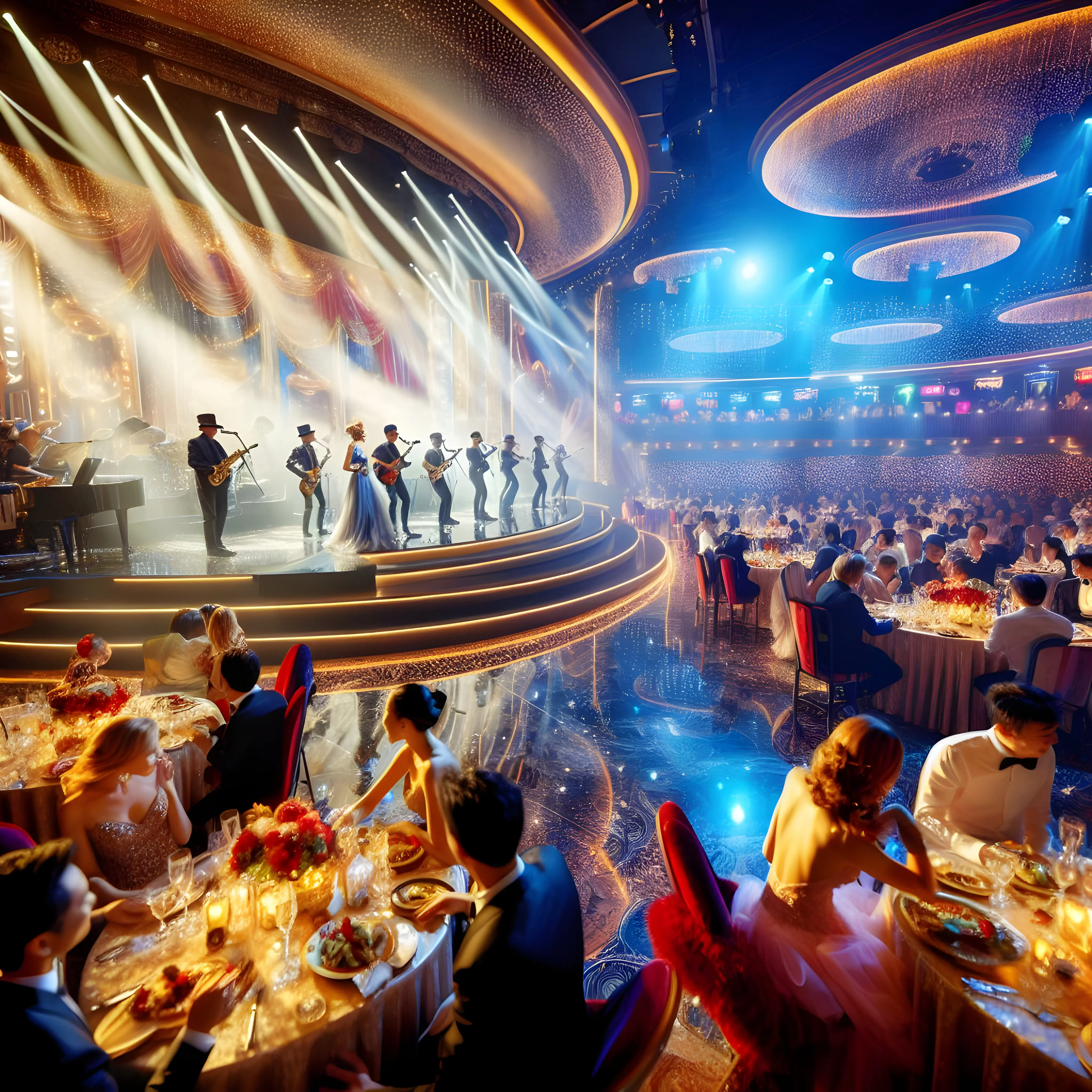 Amid the glamorous atmosphere of a live entertainment venue, guests enjoy dazzling performances by mu.