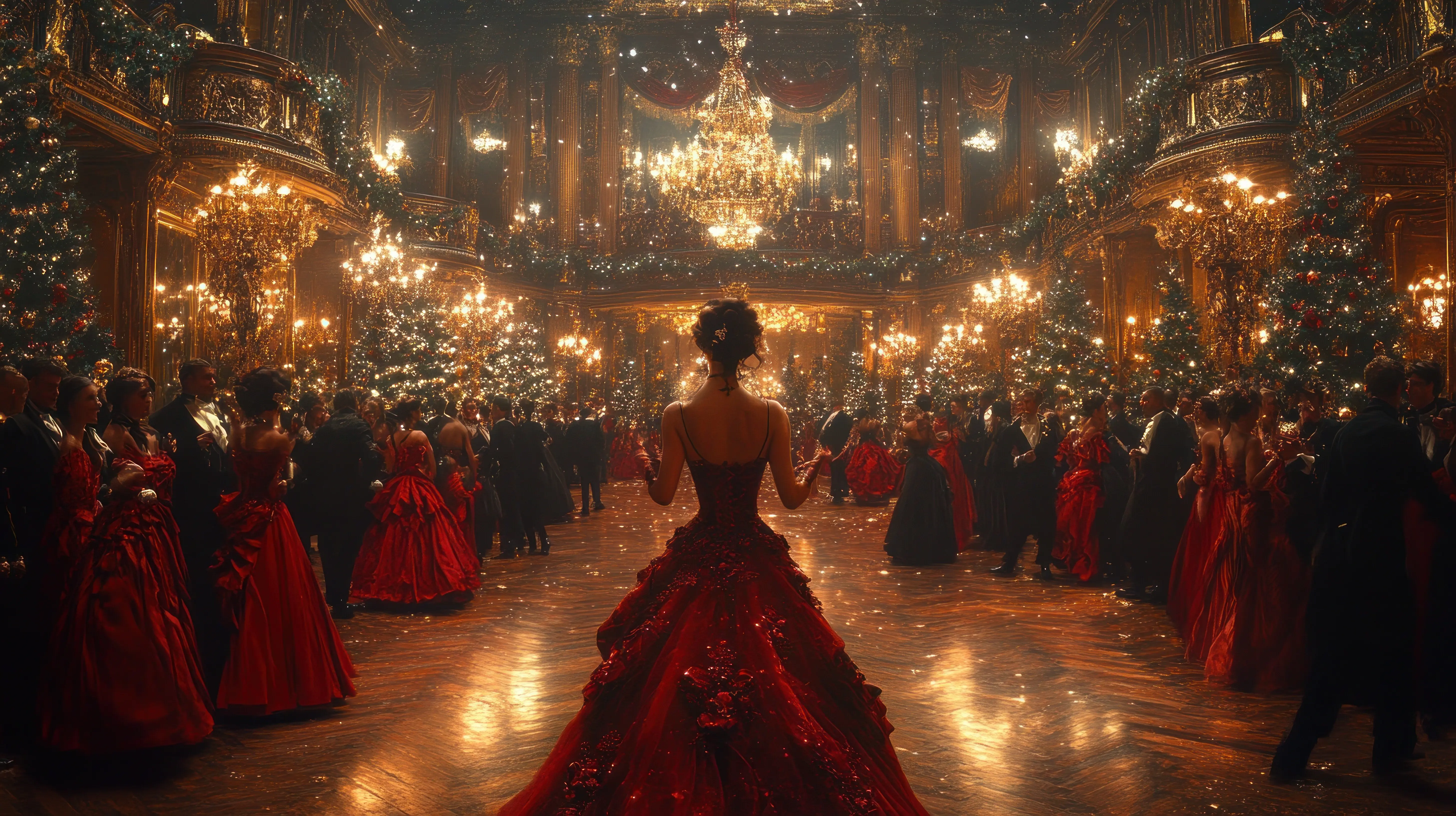 A refined ballroom full of dancing couples dressed in festive attire