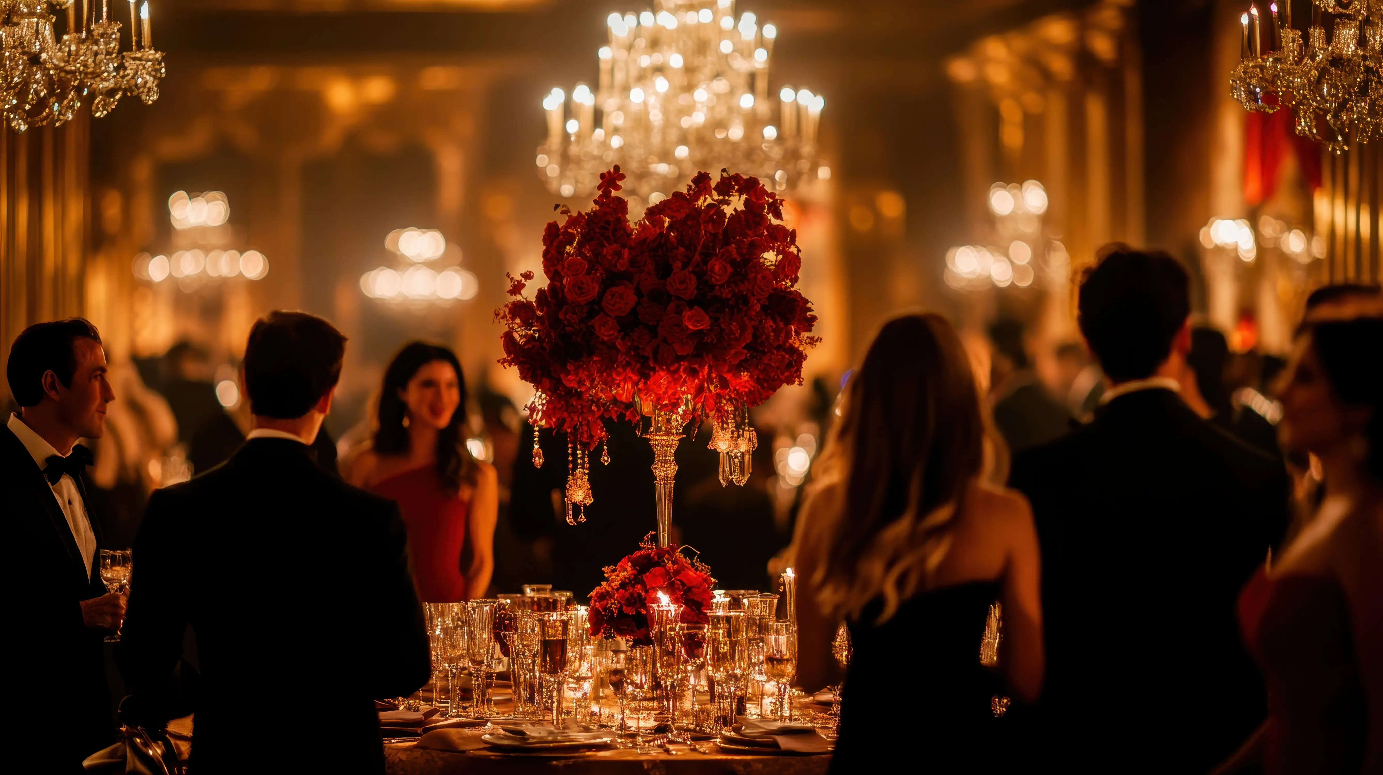 An elegant party setting where guests admire a striking floral centerpiece beneath glittering chandeliers, conveying a celebratory ambiance.