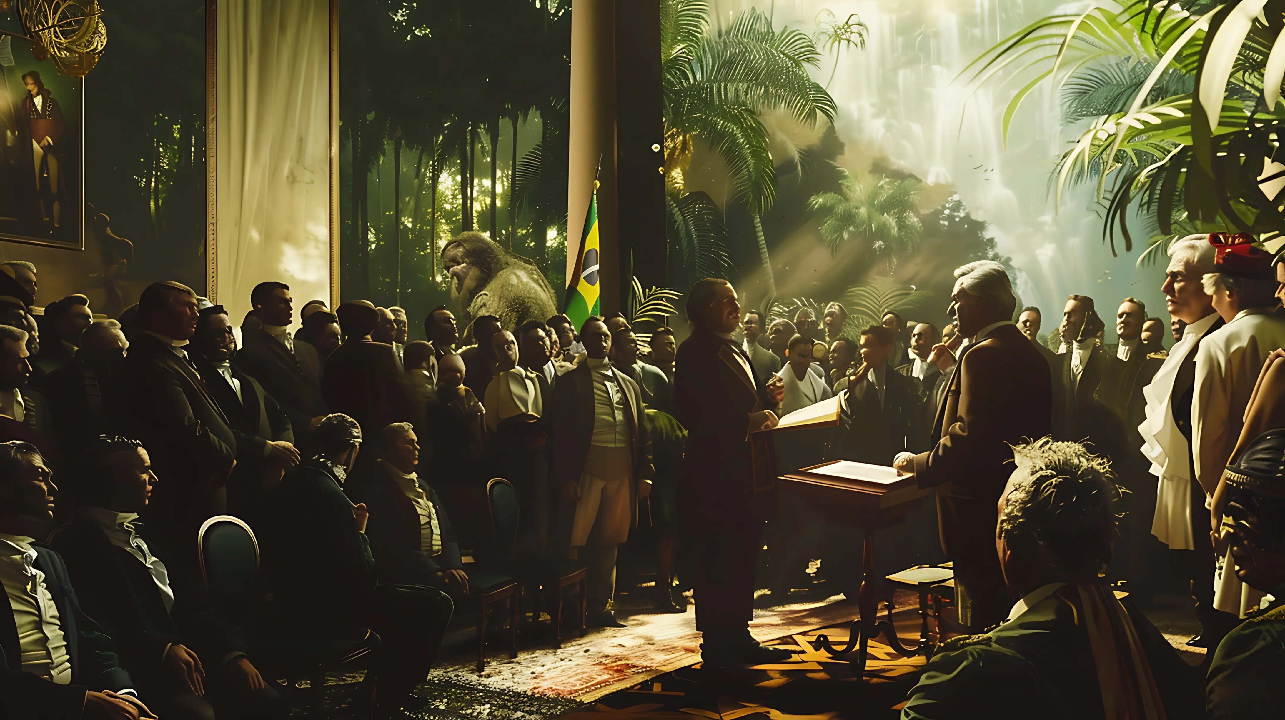 An image depicting a group of people in a room with a flag on top of it.