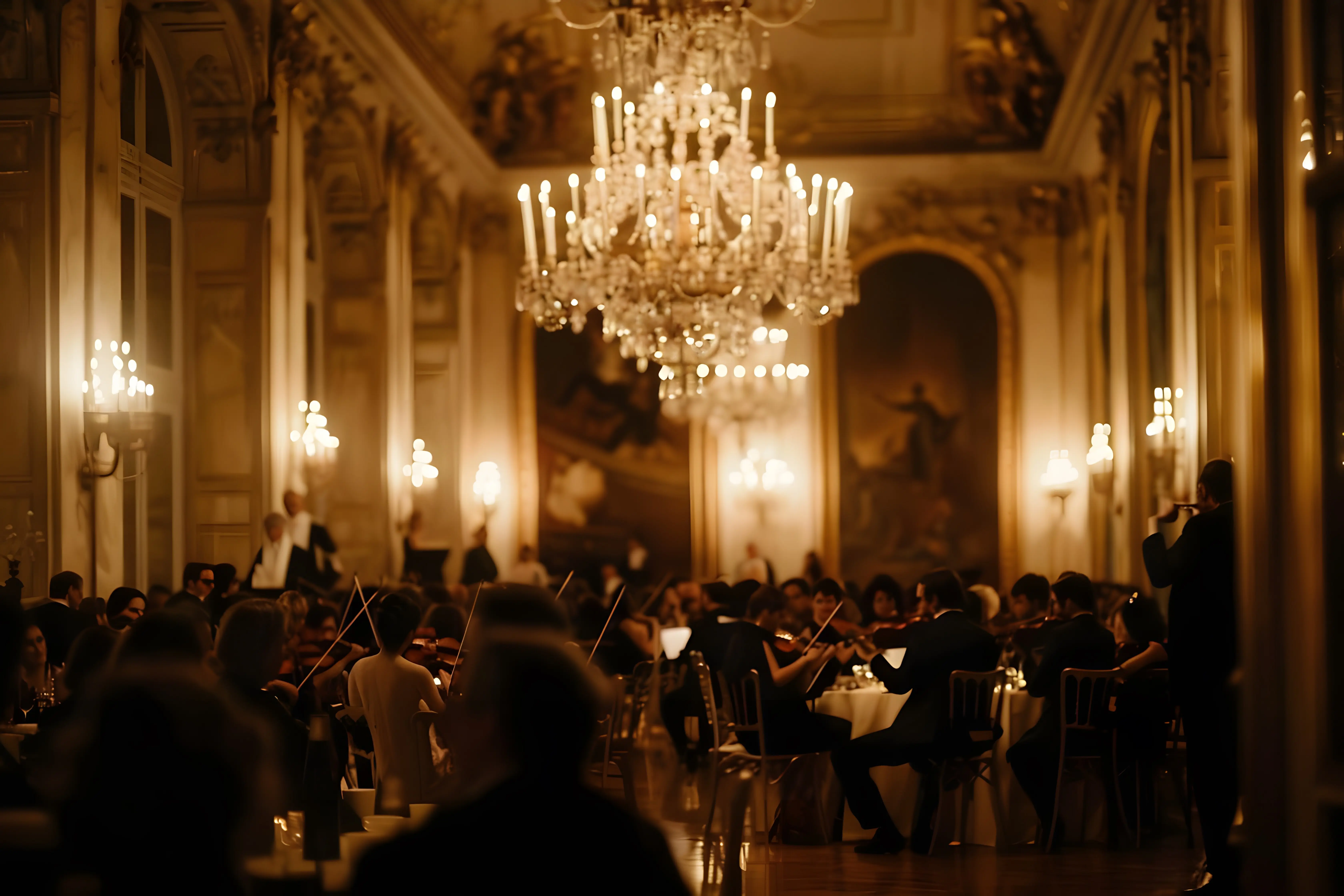 A sophisticated concert hall full of musicians and spectators enjoying a classical performance